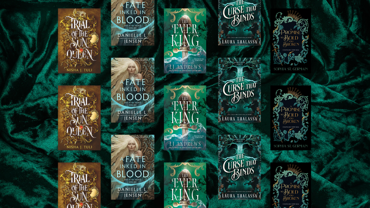 Collection of book covers on a textured green fabric background