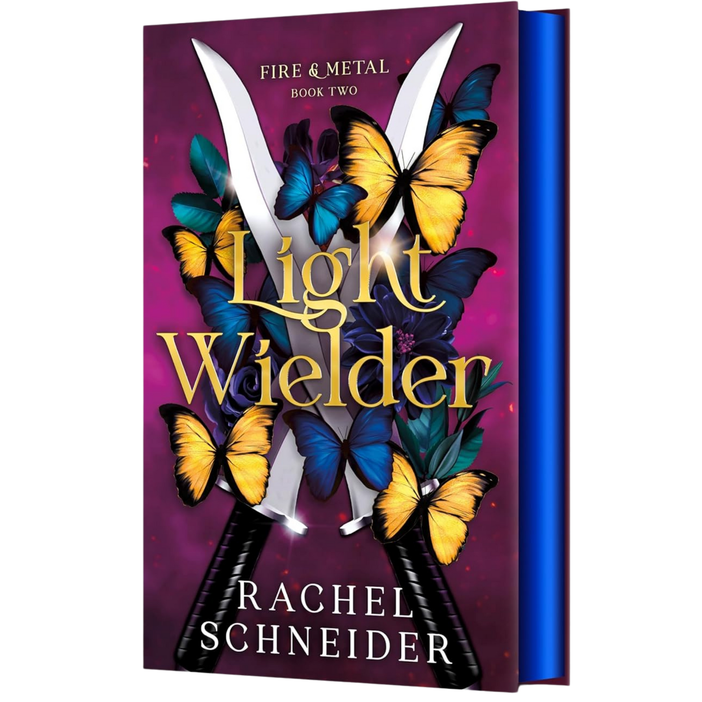 Book cover of 'Light Wielder' by Rachel Schneider with butterflies and swords on a purple background