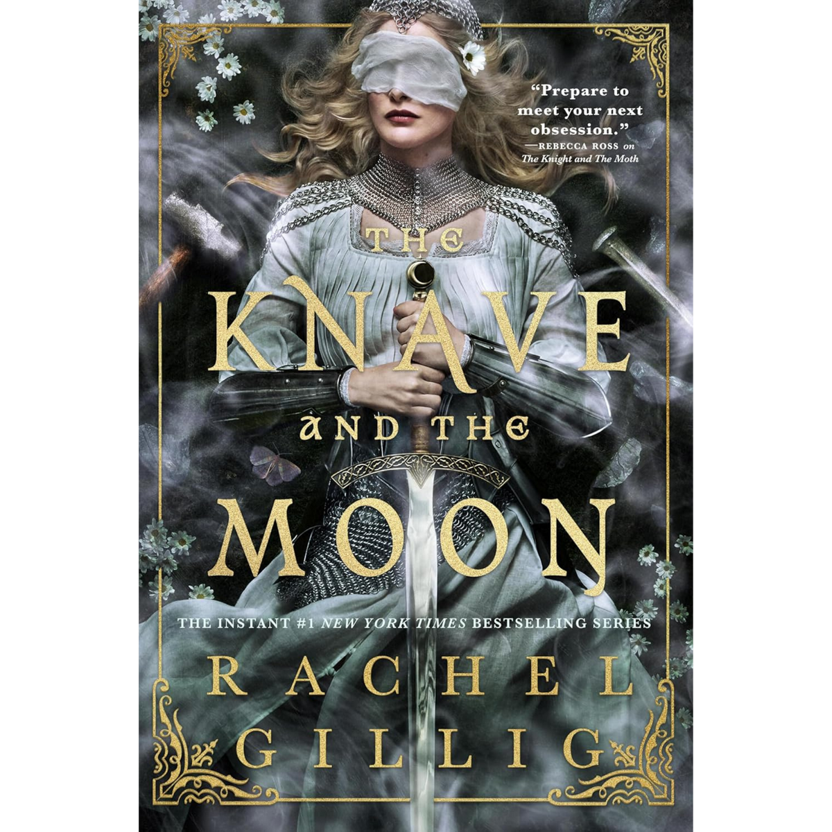 Book cover for 'The Knave and the Moon' by Rachel Gillig, featuring a woman in a pale blue gown with a blindfold, surrounded by smoky mist and white flowers, with large gold title text and the author name at the bottom.
