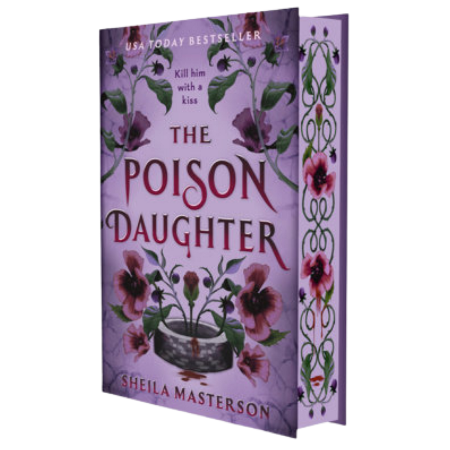The Poison Daughter deluxe edition book by Sheila Masterson, featuring a lavender cover with dark purple flowers and red title text, shown at an angle to display both the front cover and the decorative edges.