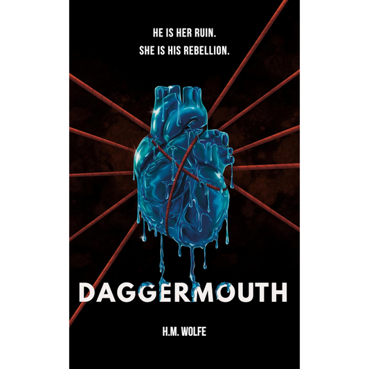 Book cover of 'Daggersmouth' with a blue heart and red lines on a black background.