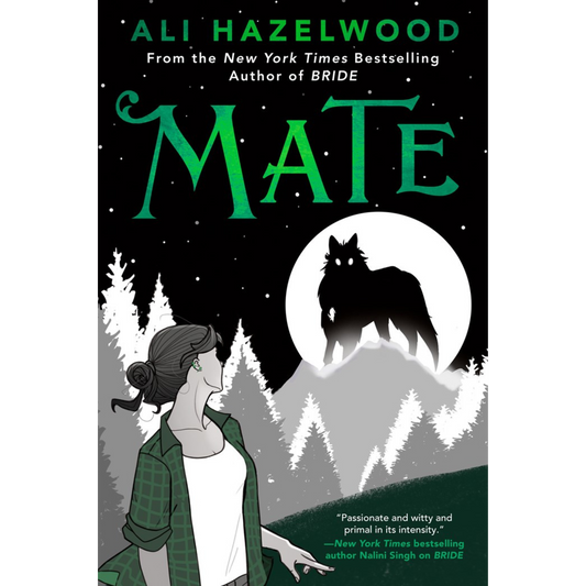 Book cover of 'Mate' by Ali Hazelwood with a silhouette of a woman and wolf against a moonlit sky.