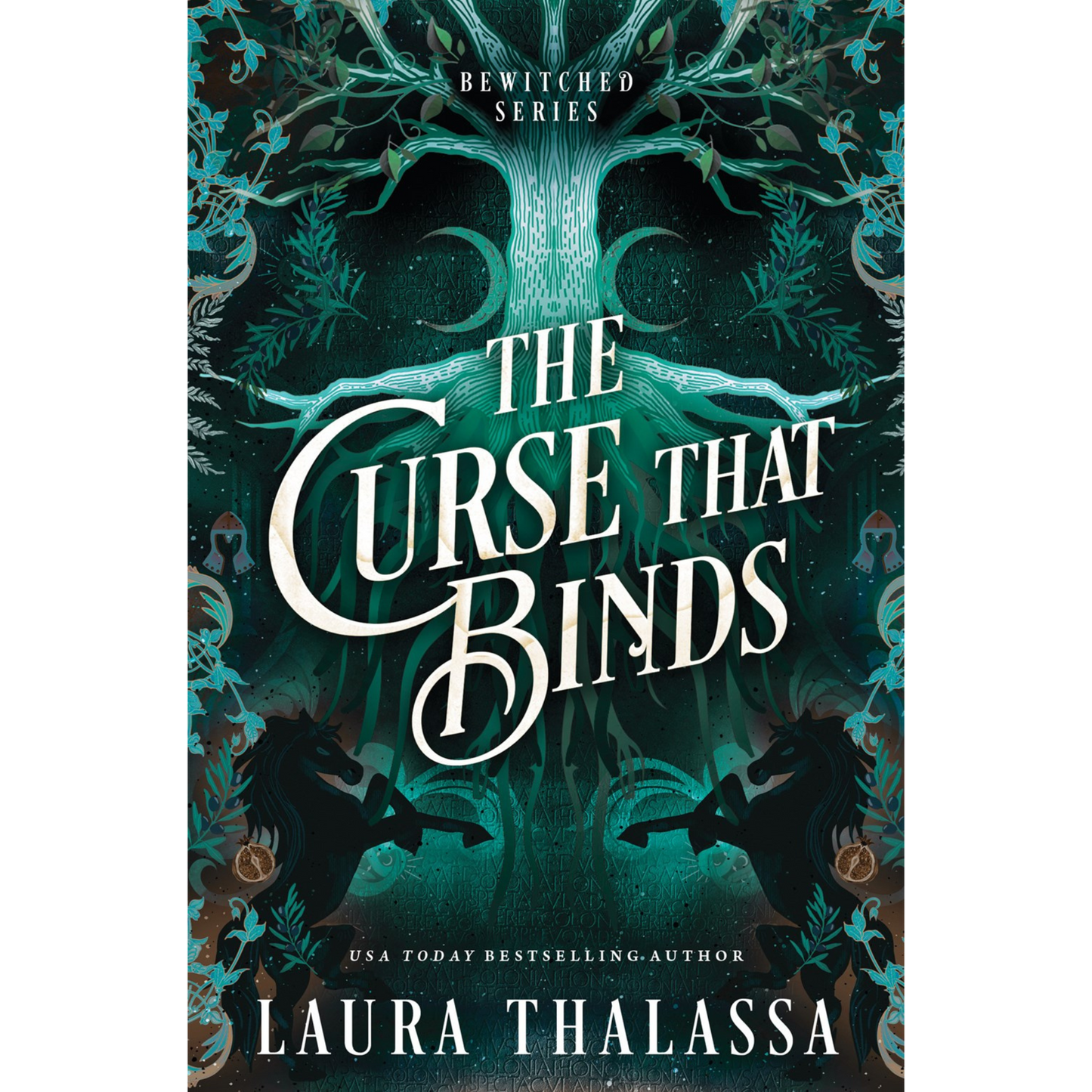 Book cover of 'The Curse That Binds' with a mystical tree and silhouettes, featuring the Bewitched series by Laura Thalassa.