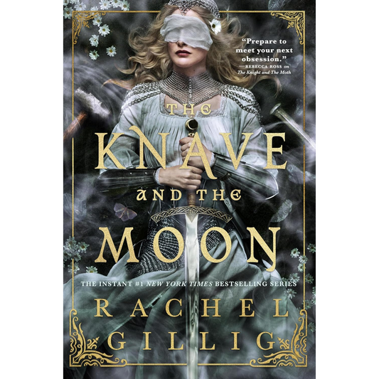 Book cover for 'The Knave and the Moon' by Rachel Gillig, featuring a woman in a pale blue gown with a blindfold, surrounded by smoky mist and white flowers, with large gold title text and the author name at the bottom.