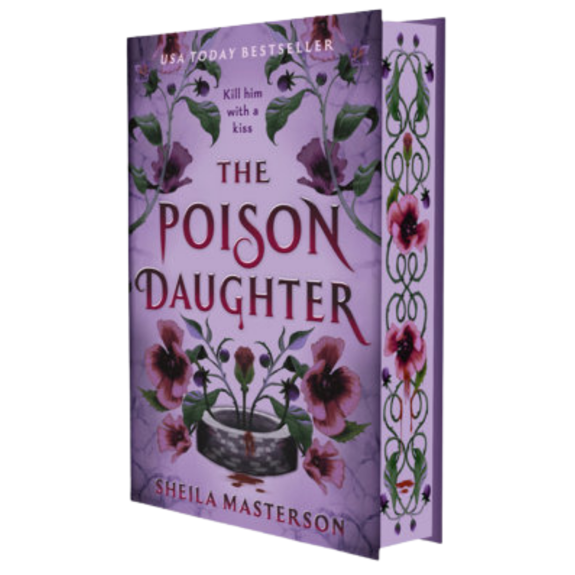 The Poison Daughter deluxe edition book by Sheila Masterson, featuring a lavender cover with dark purple flowers and red title text, shown at an angle to display both the front cover and the decorative edges.