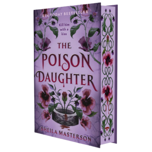The Poison Daughter deluxe edition book by Sheila Masterson, featuring a lavender cover with dark purple flowers and red title text, shown at an angle to display both the front cover and the decorative edges.