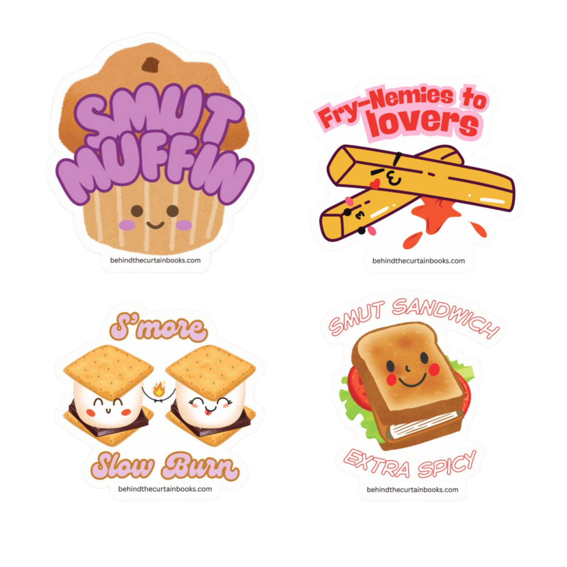 Four Uniquely shaped stickers with food themed book tropes