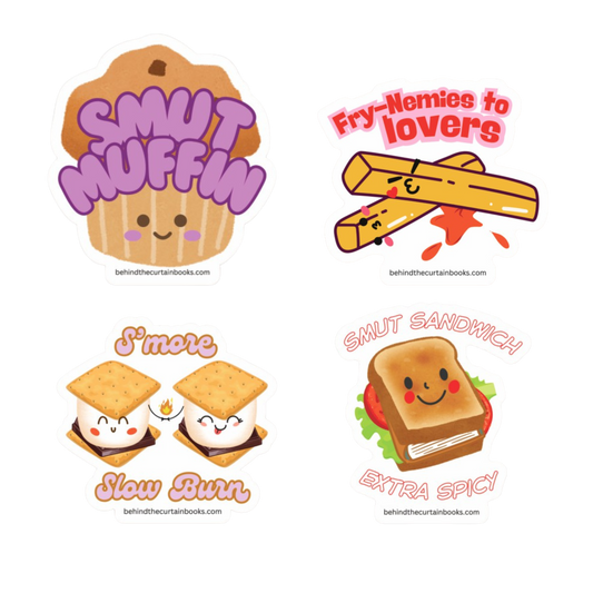 Four Uniquely shaped stickers with food themed book tropes