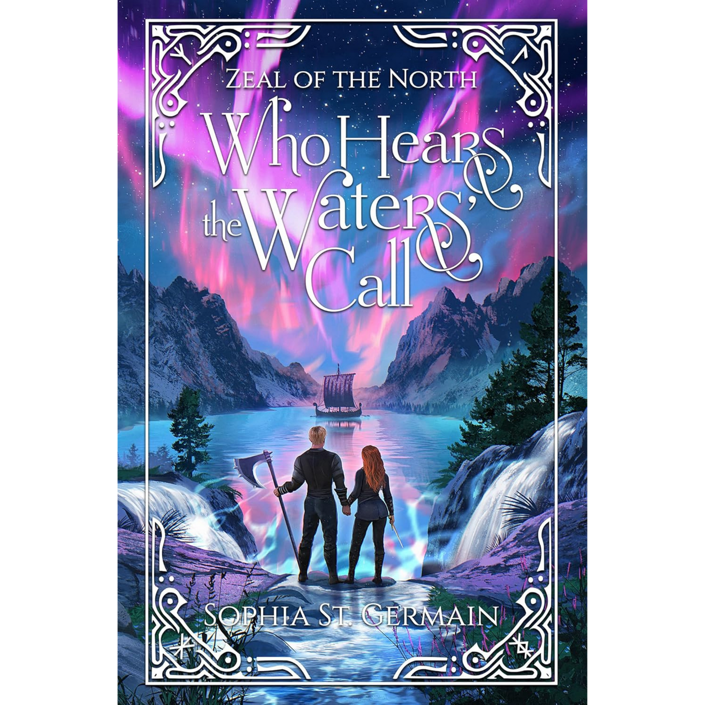 Book cover for 'Who Hears the Waters Call' by Sophia St Germain, featuring a fantasy landscape with a ship on a lake, mountains, waterfalls, and two figures facing each other under a purple and pink aurora sky.