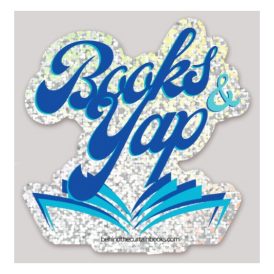 Decorative sticker with 'Books & Yap' text and an open book design on a gray background.